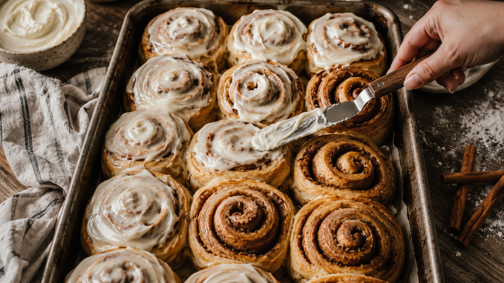 Tray of fresh-baked cinnamon rolls being frosted